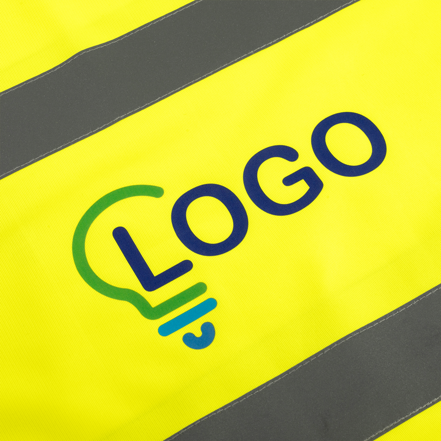 Detailansicht individuell bedruckter Warnschutzponcho in Neongelb