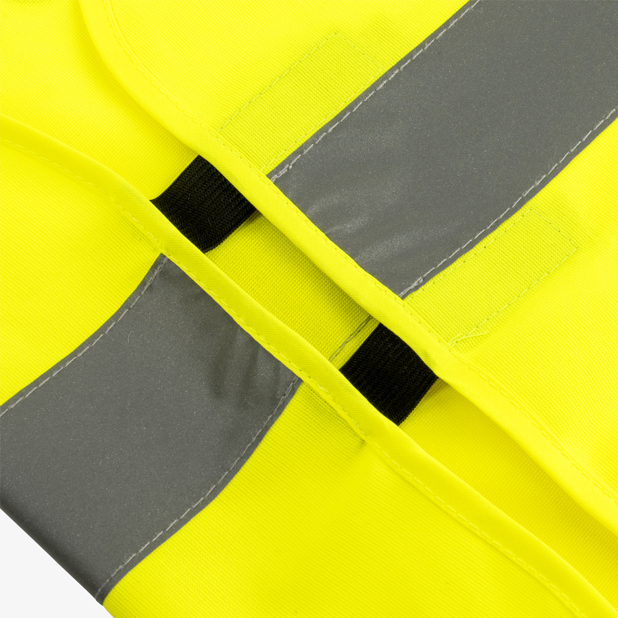 Warnschutzponcho in Neongelb, Detailansicht von zwei Klettverschlüssen und Reflexstreifen