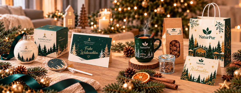 Viele individuell bedruckte Weihnachtsprodukte platziert auf einem Tisch in weihnachtlicher Umgebung