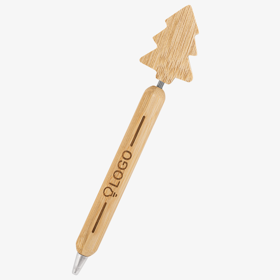 Bambus-Weihnachtskugelschreiber mit Gravur auf dem Schaft und mit Spitze in Tannenbaumform