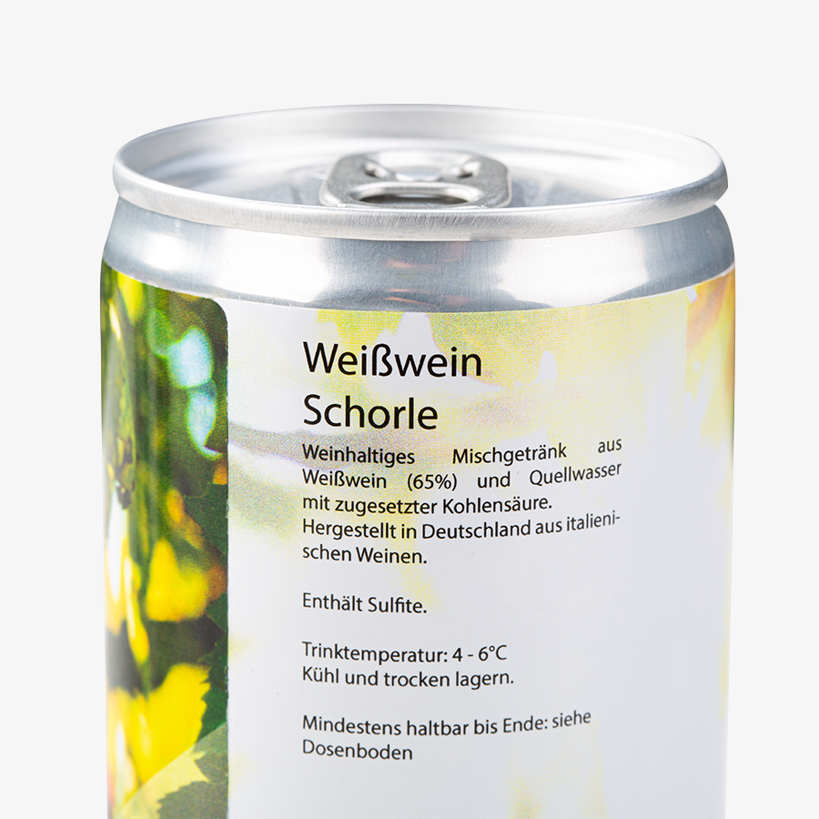 Deailansicht bedruckbare Getränkedose mit Weißweinschorle und individuellem Design