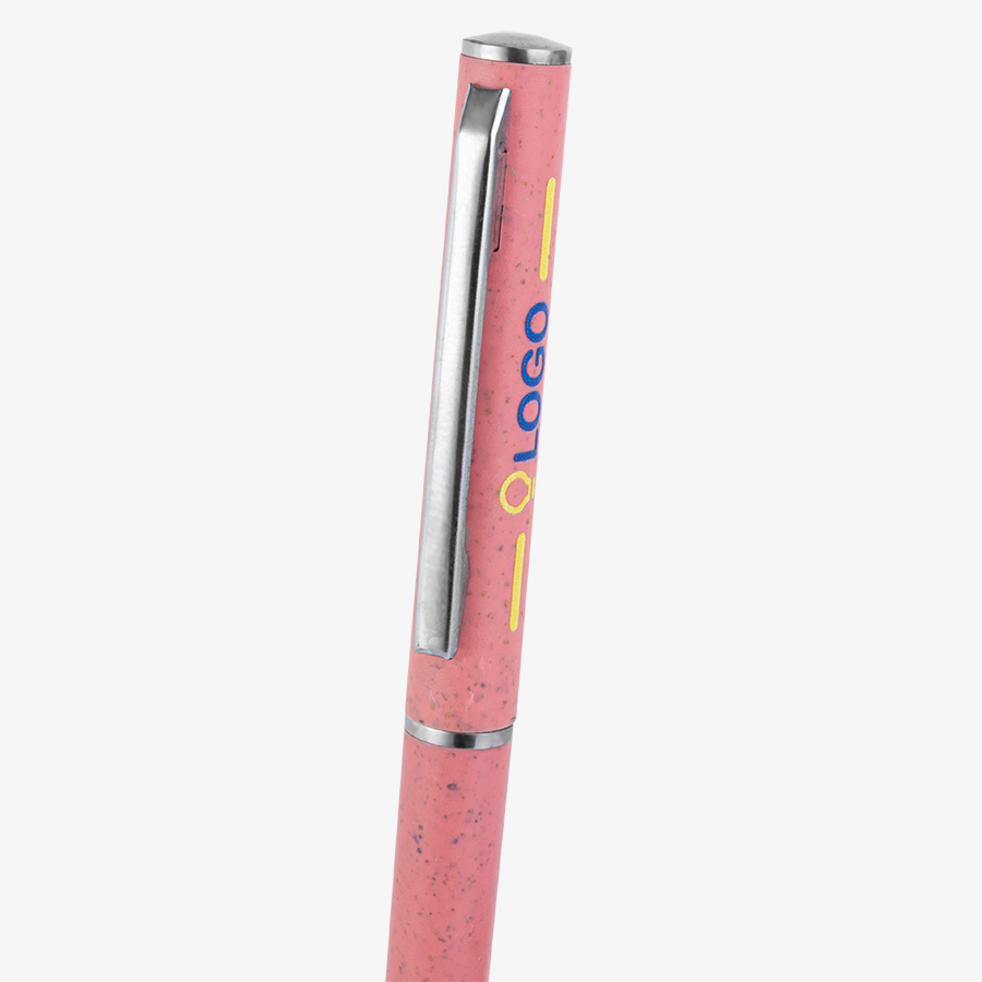 Rosa Weizenstroh-Kugelschreiber Slim mit verchromten Elementen und Tampondruck in der Detailansicht