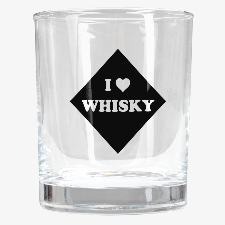 Leeres Whiskyglas mit Siebdruck, Füllmenge 25 cl, Frontalansicht