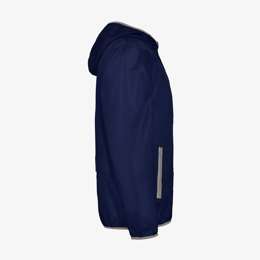 Dunkelblauer Unisex-Windbreaker von Roly in der Seitenansicht, mit reflektierenden Taschenpaspeln