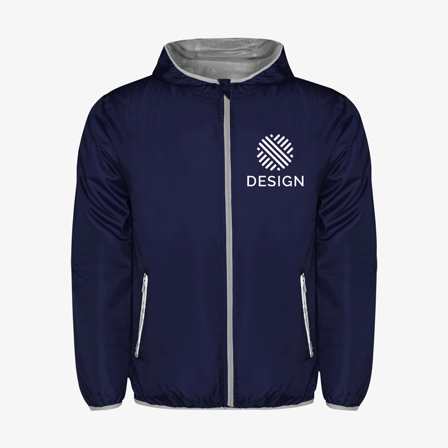 Dunkelblauer Windbreaker mit Logo von Roly, bedruckt auf einer Position auf der Vorderseite (Brust), für Erwachsene