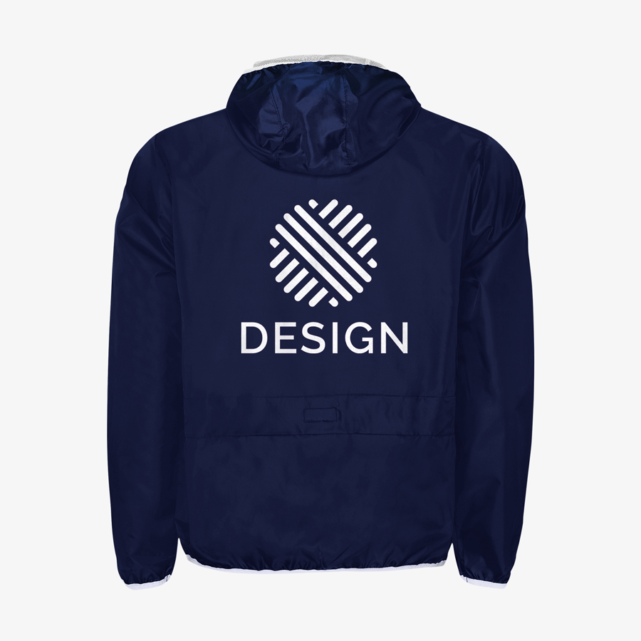 Dunkelblauer Windbreaker mit Logo von Roly, bedruckt auf der Rückseite, für Erwachsene