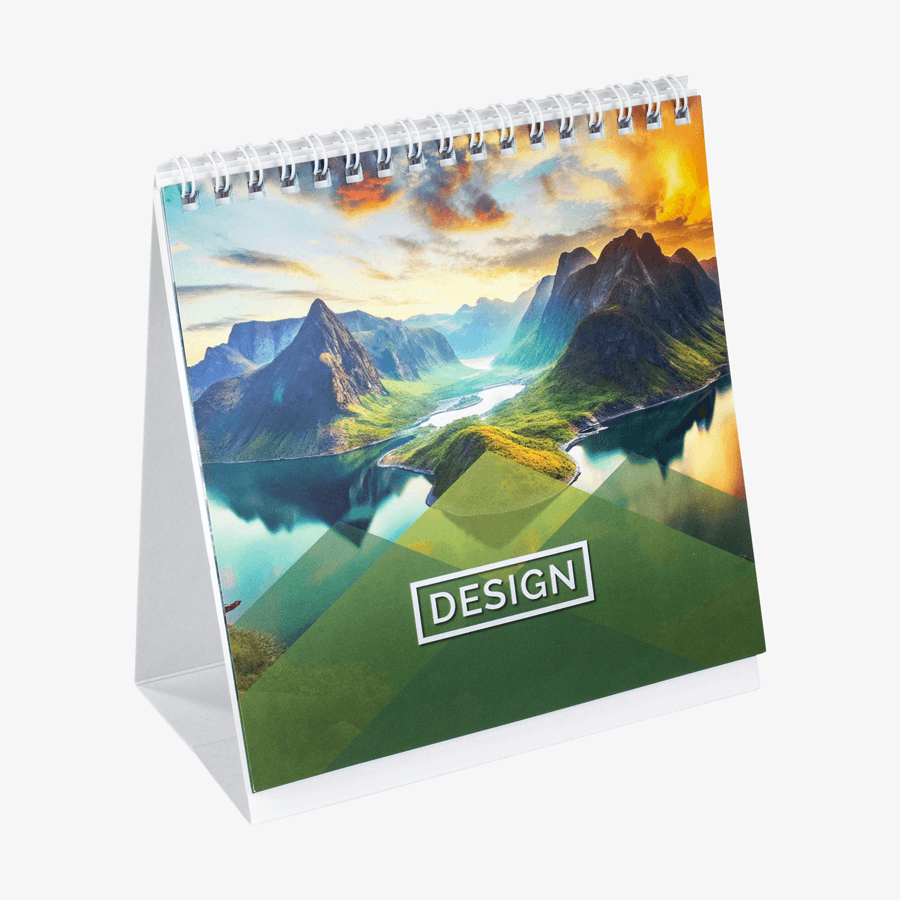 Aufstellbarer Wochentischkalender, quadratisch und mit vollfarbigem Druck