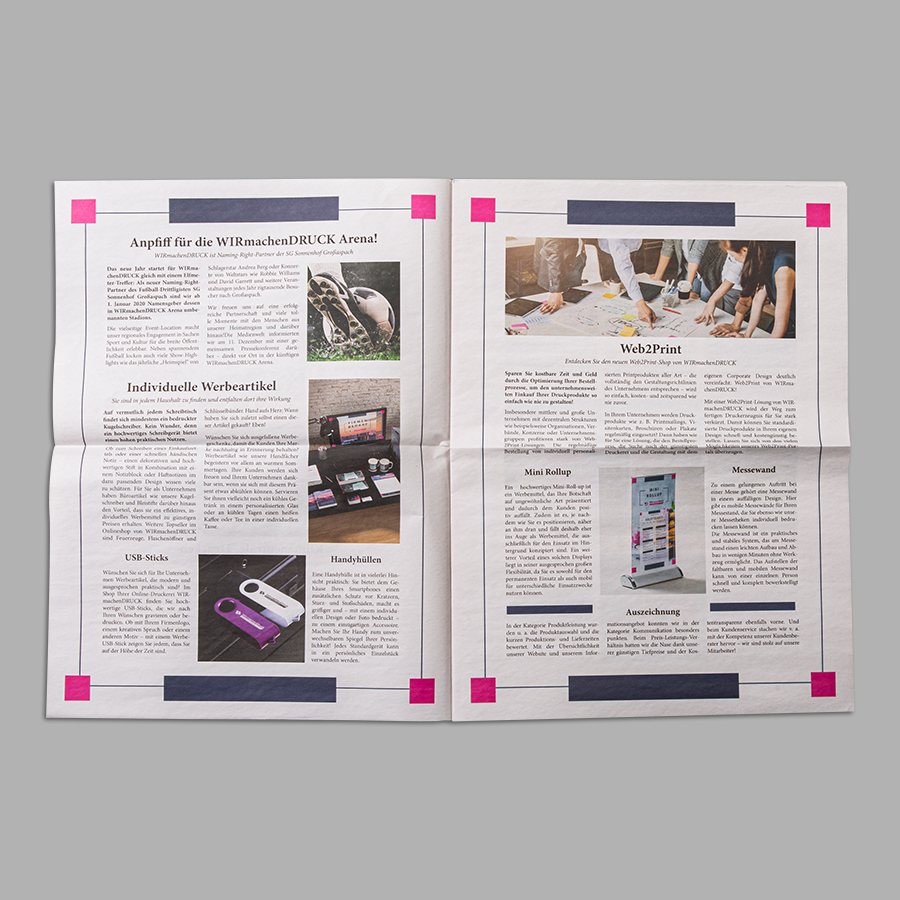 DIN-A3-Zeitung mit 1/1-farbigem Inhalt, aufgeschlagene Seitenansicht