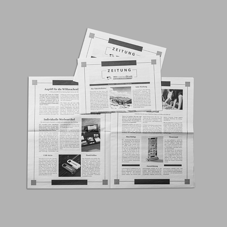 Individuell bedruckte Zeitungen (DIN A3) in Schwarz-Weiß mit Titelbilds und Innenseiten