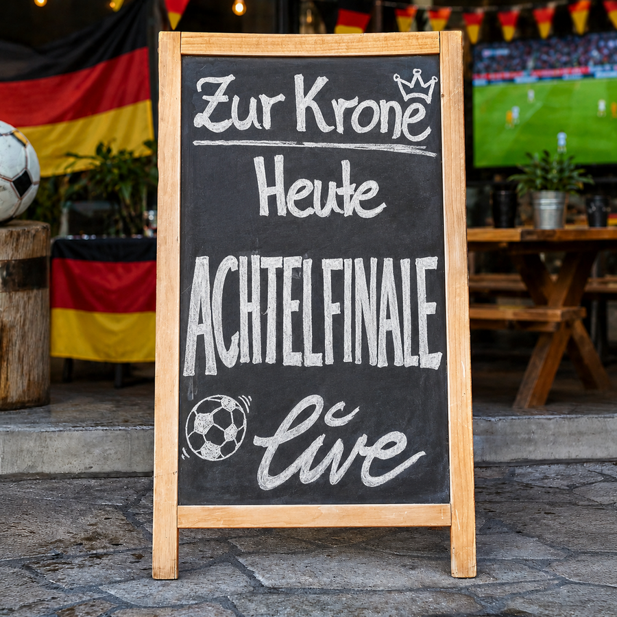Kundenstopper vor Restaurant mit Public Viewing und Aufschrift „Zur Krone, Heute Achtelfinale live“