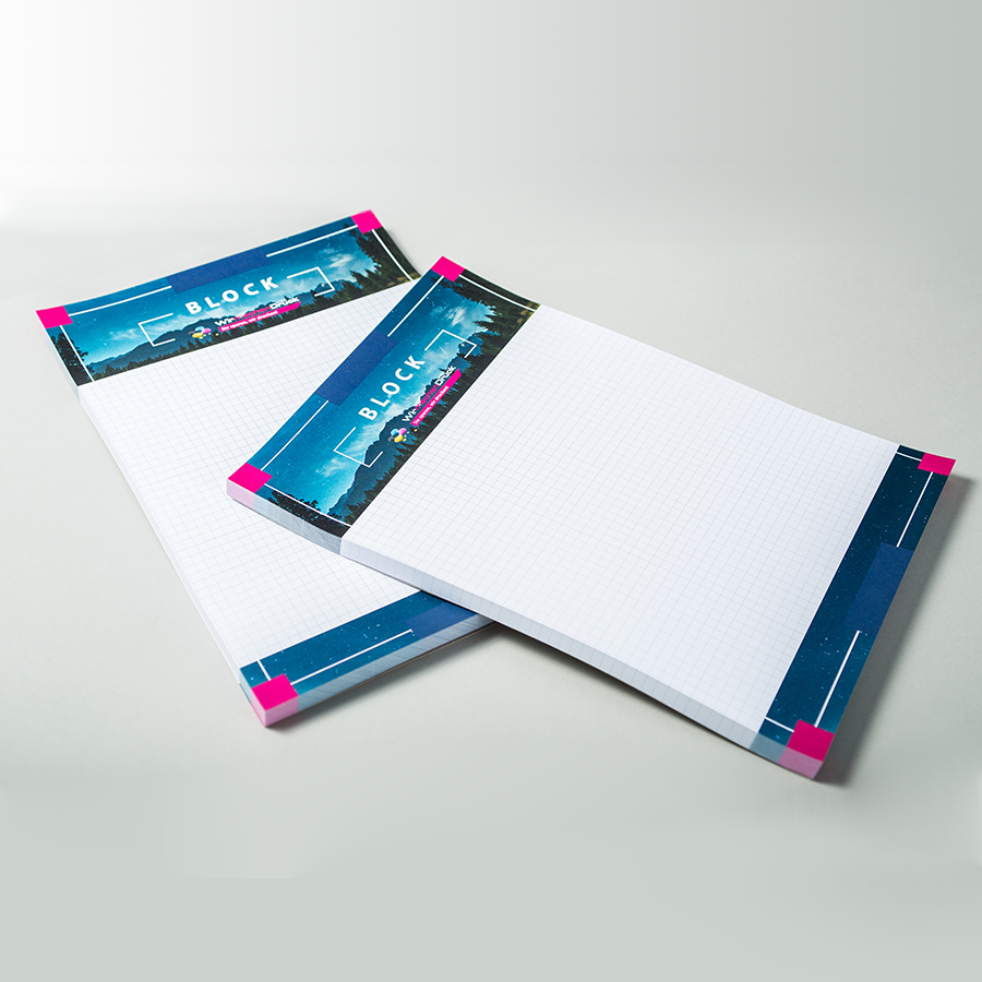 100 Stk. Block mit Leimbindung, DIN A5, 50 Blatt, 4/0 farbig einseitig bedruckt