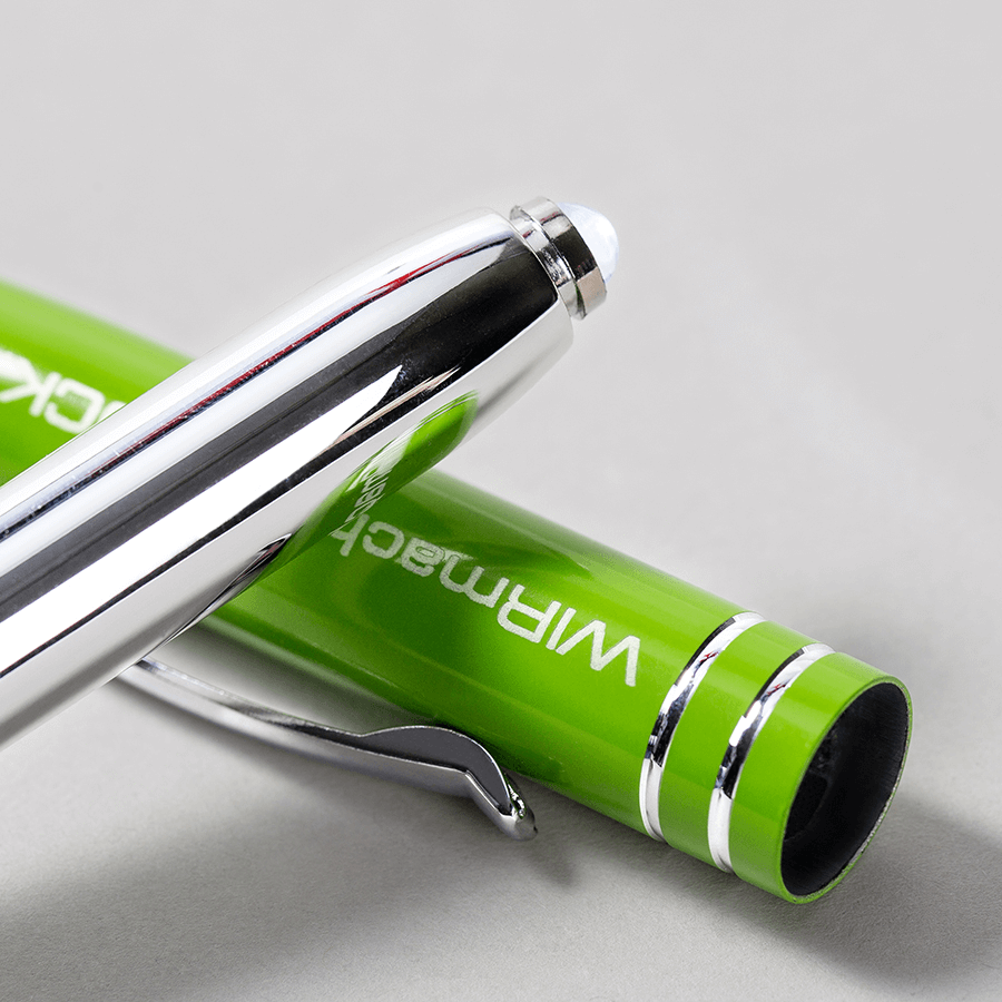 Touchpen 3-in-1 – Kugelschreiber, Touchscreen-Stift & LED-Licht, Silber/weiß Mit Grüner Spitze