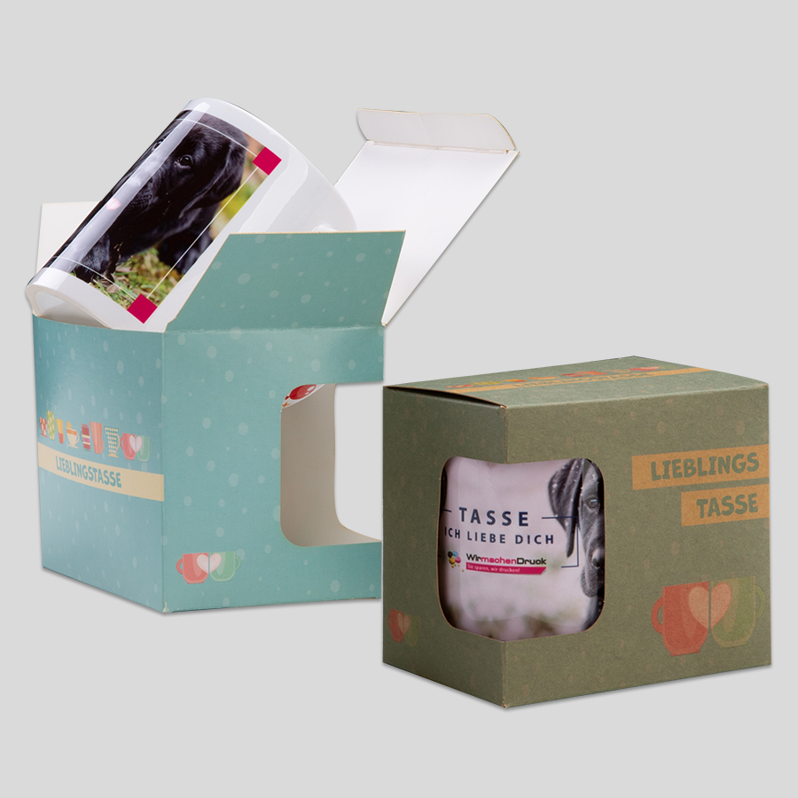 100 Stk. Tassenverpackung (11,6 x 8,3 x 9,8 cm) einseitig bedruckt 4/0-farbig