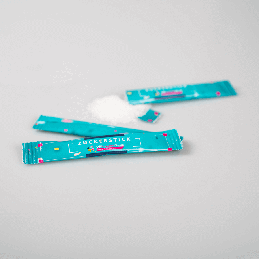 2000 Stk. Zuckersticks 3,6g mit weißem Feinzucker, 4/0-farbig einseitig bedruckt