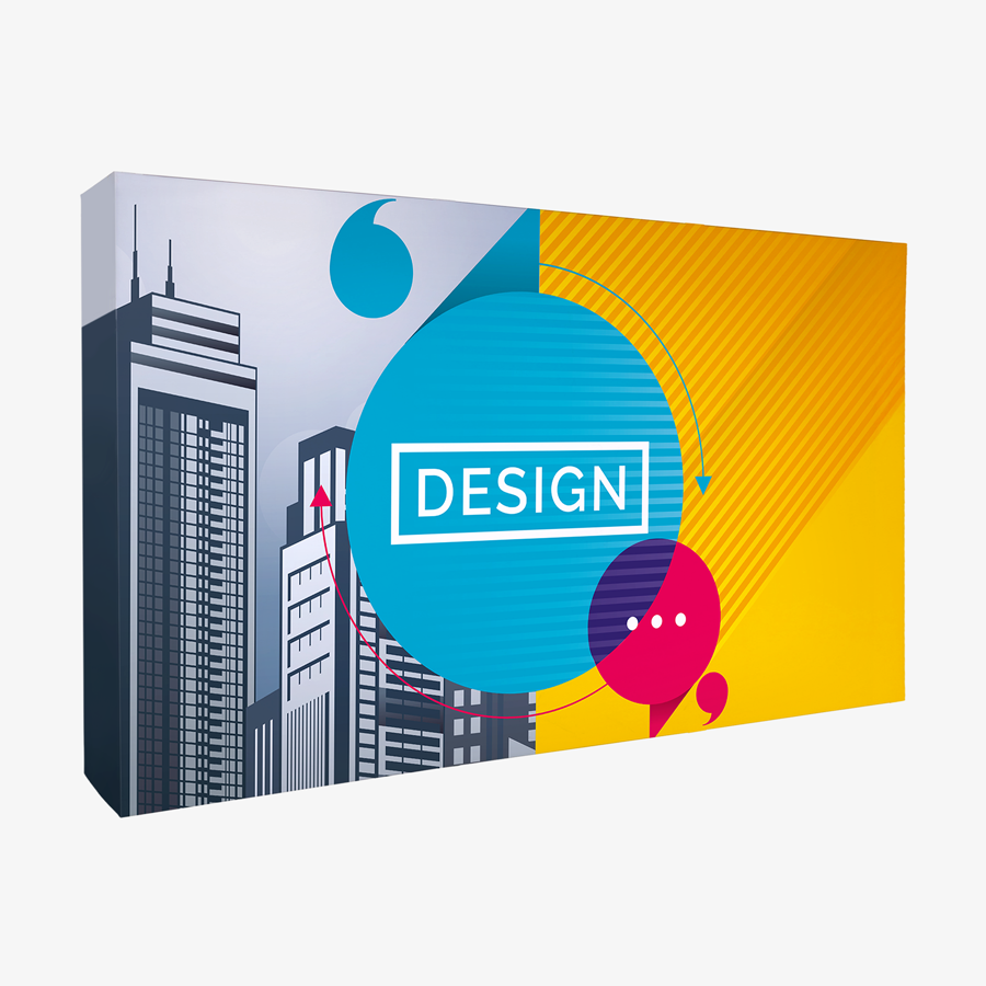 Flexibel einsetzbare 5 x 3 m große Faltdisplay-Messewand mit praktischen Flachkedern