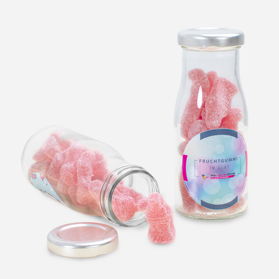 Fruchtgummis Geschmacksrichtung Holunderschorle in der Glasflasche mit bedrucktem Etikett