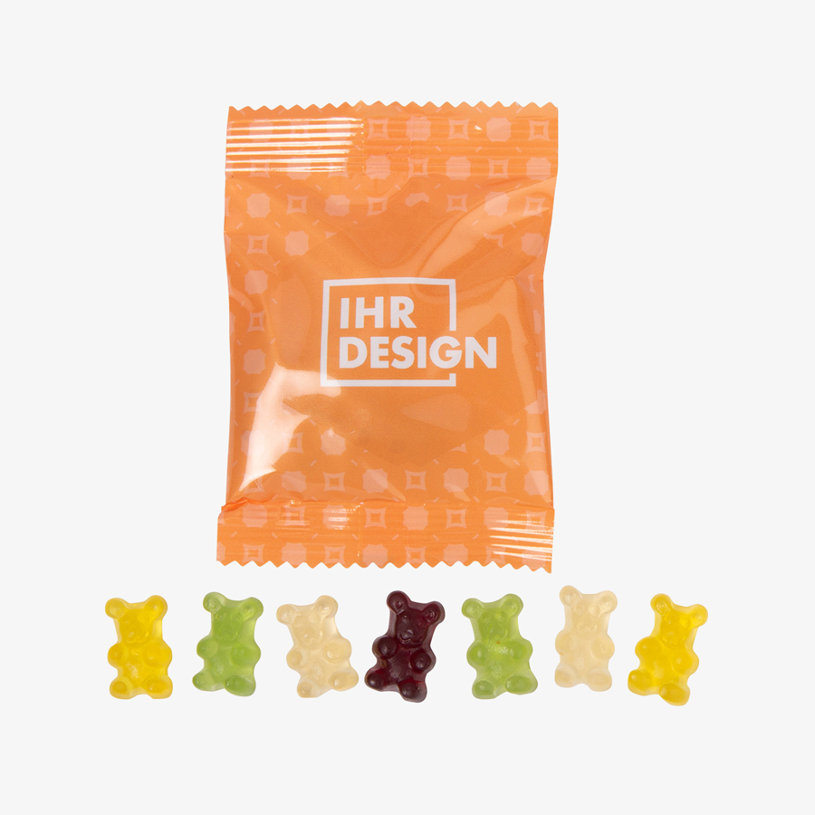 Vollfarbig bedrucktes Tütchen mit Fruchtsaftbärchen, Fruchtgummis mit 25 % Fruchtgehalt