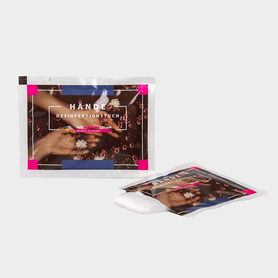 Bedruckte Tütchen mit Hände-Desinfektionstüchern