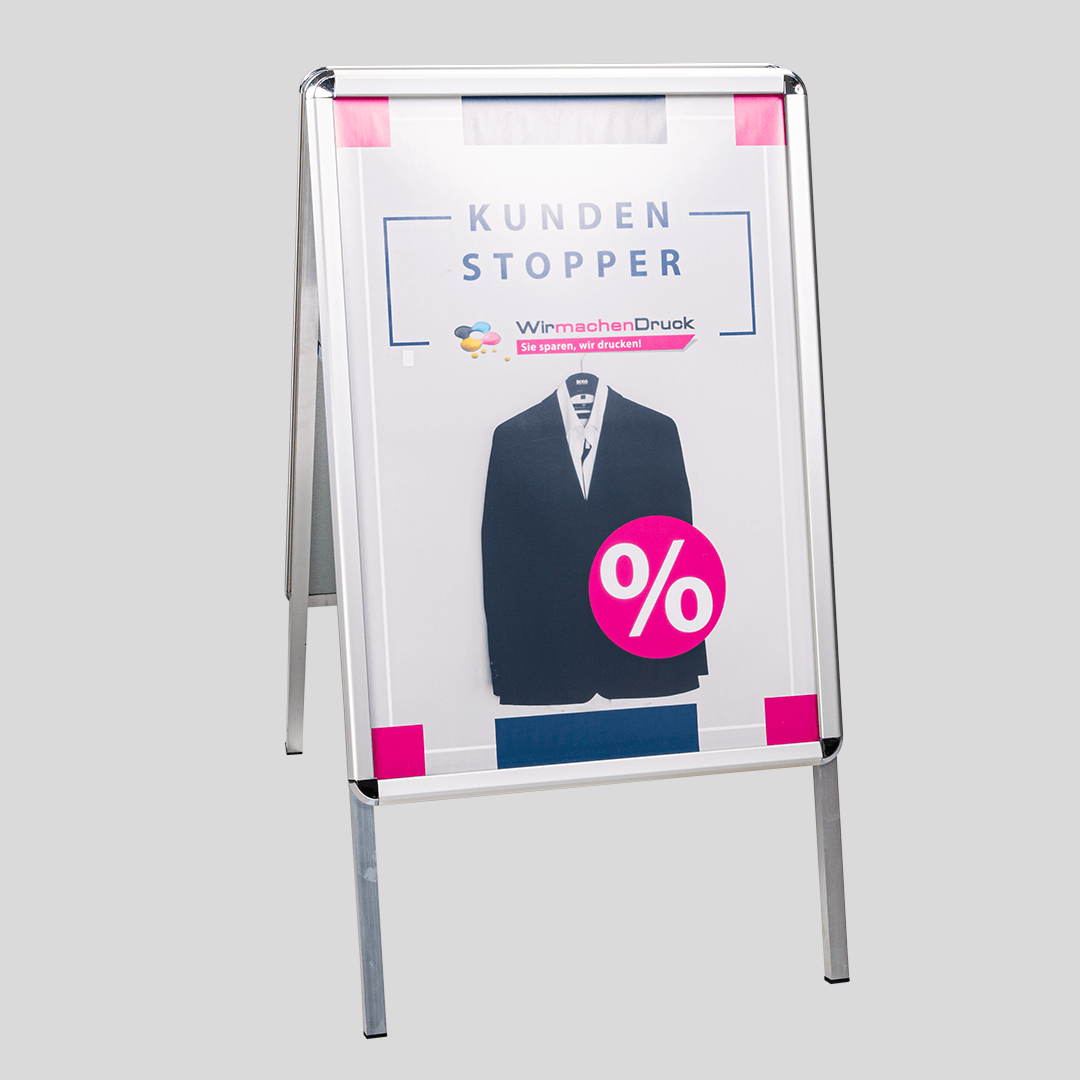 Standard-Kundenstopper mit Rundecken und mit 4/0-farbig bedrucktem Plakat