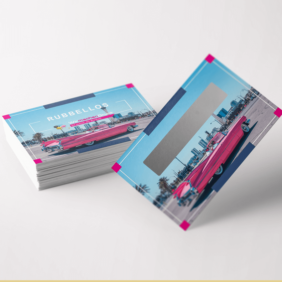 Vorder- und Rückseite von individuell und vollfarbig bedruckbaren Rubbellosen