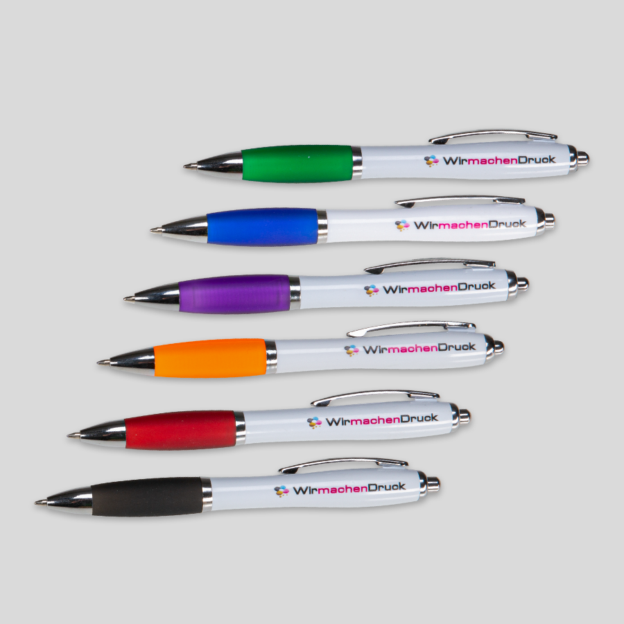 Sortiment an bedruckten Kunststoff-Druckkugelschreibern